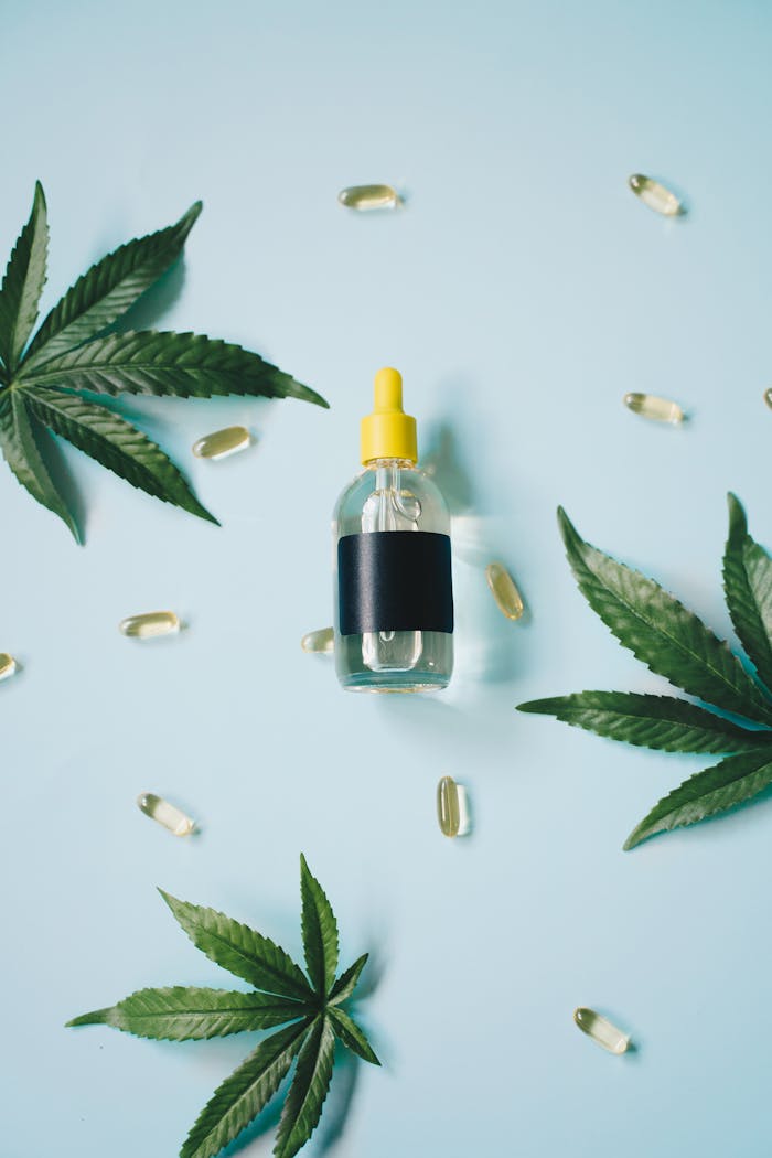 Flat lay of a CBD oil bottle with cannabis leaves and capsules on a light blue background.